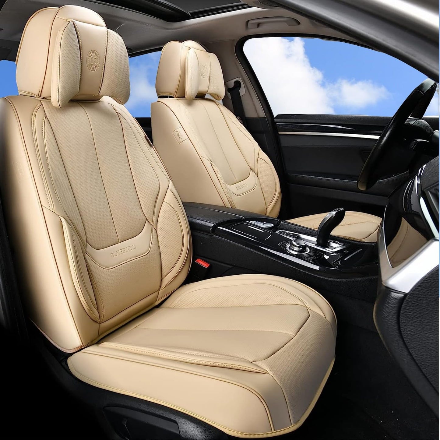 Coverado Universal Seat Covers Full Set, 5 Seats Universal Seat Covers for Cars, Waterproof NAPPA Leather Car Seat Covers with Head Pillow, Seat Protectors Fit for Most Sedans SUV Pick-up Truck, Beige
