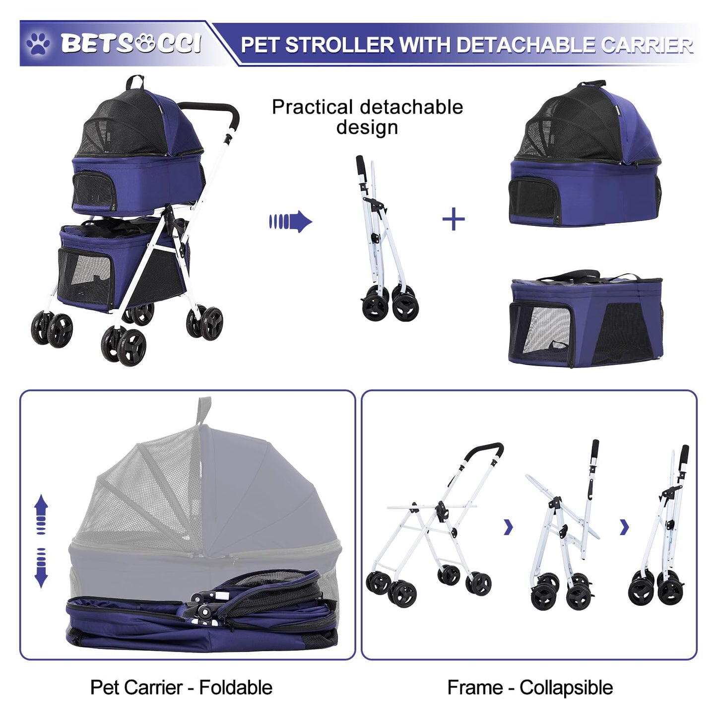 BETSOCCI Double Dog Stroller with 2 Detachable Carrier, Portable Pet Stroller for Small Dogs & Cats Folding Lightweight Puppy Travel Carriage, 4 Wheels, Blue