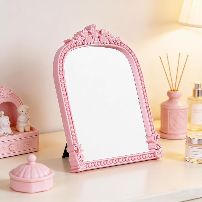 Pink Plastic Arched Makeup Mirror, Standing, Hanging or Wall Mount, Bathroom, Living Room, Bedroom White and Decorative Mirror (Pink-10.6 x 8.6 inch)