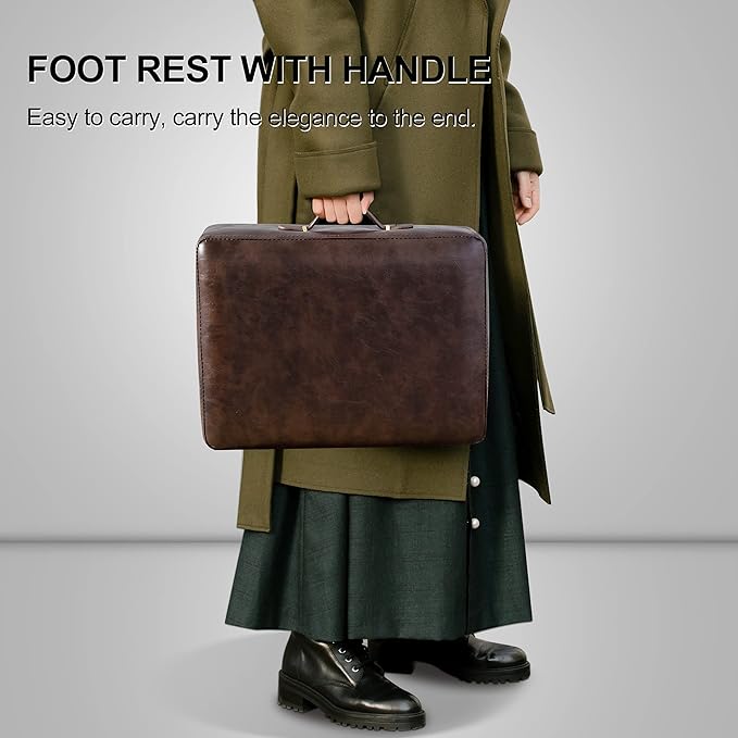 Small Foot Stool with Handle, Brown Faux Leather Short Foot Stool Rest, Rectangle Storage Foot Stools Ottoman with Plastic Legs, Padded Footstool Small Step Stool for Living Room, Office, Desk, Patio