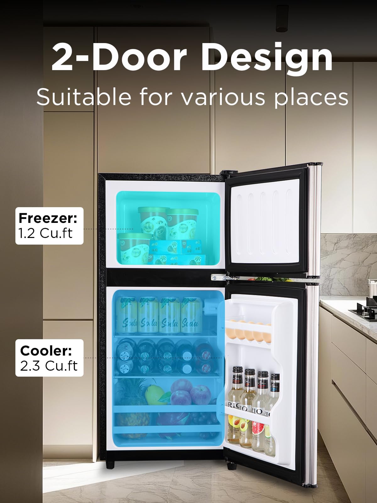 F.W.WOOLWORTHS 3.5 Cu.Ft Fridge with Freezer, Refrigerator with 2 Doors for Office, Kitchen, Dorm and Bedroom, Fridge with 7 Level Temp Adjustable Thermostat, Silver