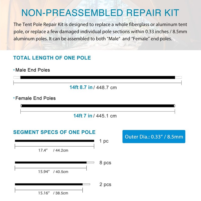 BRILLIANCE4U Tent Poles Replacement 0.33”/8.5mm, Fits Both Female and Male Ends, Lightweight Tent Pole Repair Kit, 7001 Aluminum Alloy Tent Rod, 14ft 7in 1 Pole Pack