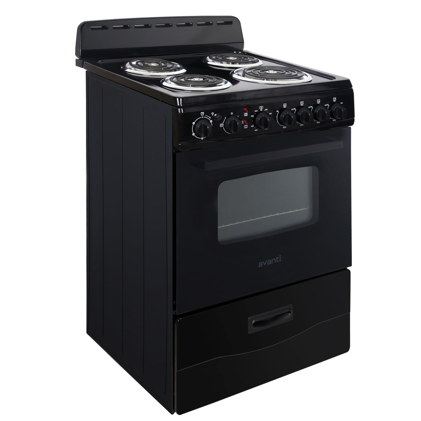Avanti Electric Range Oven Compact Design, 2.6-Cu.Ft. Capacity with 4 Coil Burners, Framed Glass Oven Door, Storage Drawer and Broiler with Pan Perfect for Apartment RV Tiny Home, 24-Inch, Black