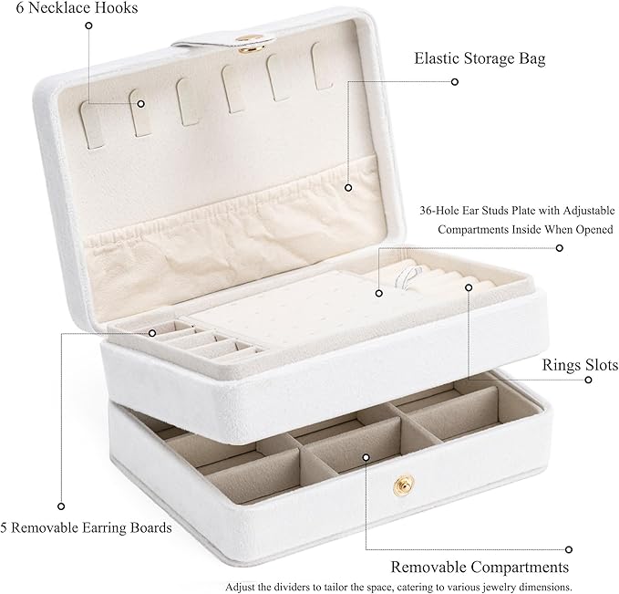 MODENGKONGJIAN Jewelry Organizer Box, 2-Layer Large Jewelry Storage Case, Portable Travel Jewelrys Display Holder for Earrings, Necklaces, Bracelets (White,Velvet)