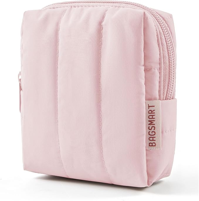 BAGSMART Small Travel Makeup Bag for Purse Toiletry Pouch, Puffy Padded Mini Cosmetics Bag, Cute Make Up Pouch for Women with Slip-in Pocket, Travel Essentials for Toiletries, Baby Pink