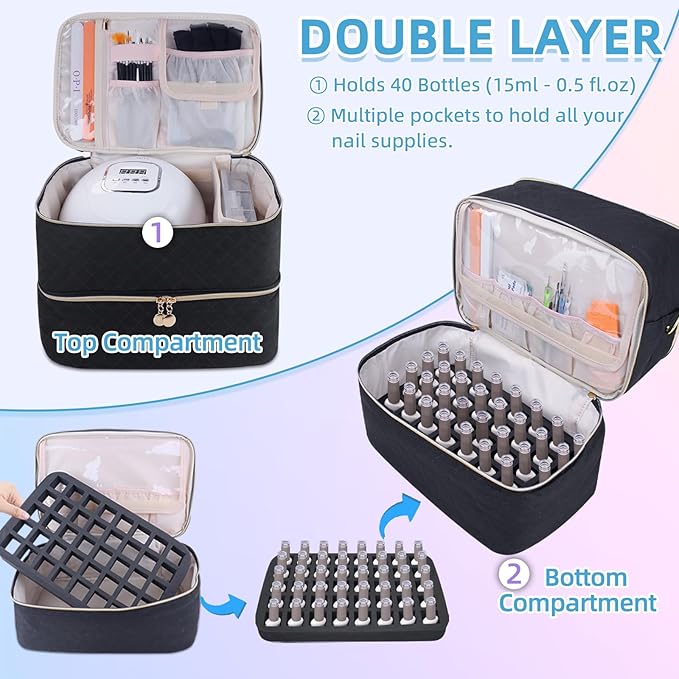Nail Polish Organizer With Adjustable Shoulder Strap Gel Nail Polish Holder, Nail Organizers and Storage for UV Led Nail Lamp, Nail Supplies Bag, Holds 40 Bottles (15ml - 0.5 fl.oz) (Black)