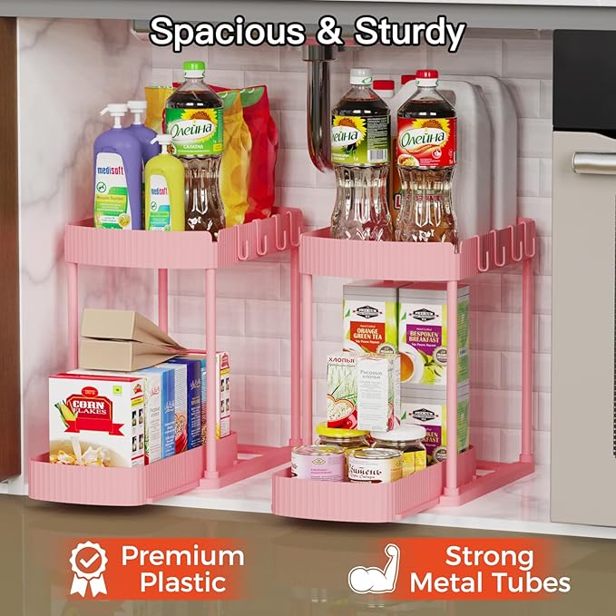 2 Pack Multi-Purpose Pull-Out Storage Organizers, Under Sink & Cabinet Organizers, 12.8 Inch Pink