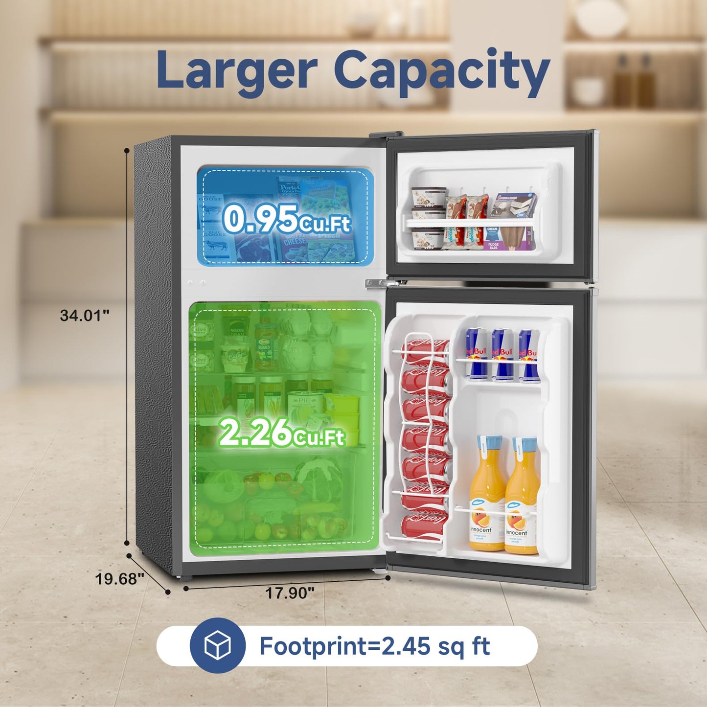BANGSON Mini Fridge with Freezer, 3.2 Cu.Ft Small Refrigerator, 5 Settings Temperature Adjustable, Low Noise Refrigerator, 2 Door Small Fridge for Apartment, Home, Office and Dorm, Silver