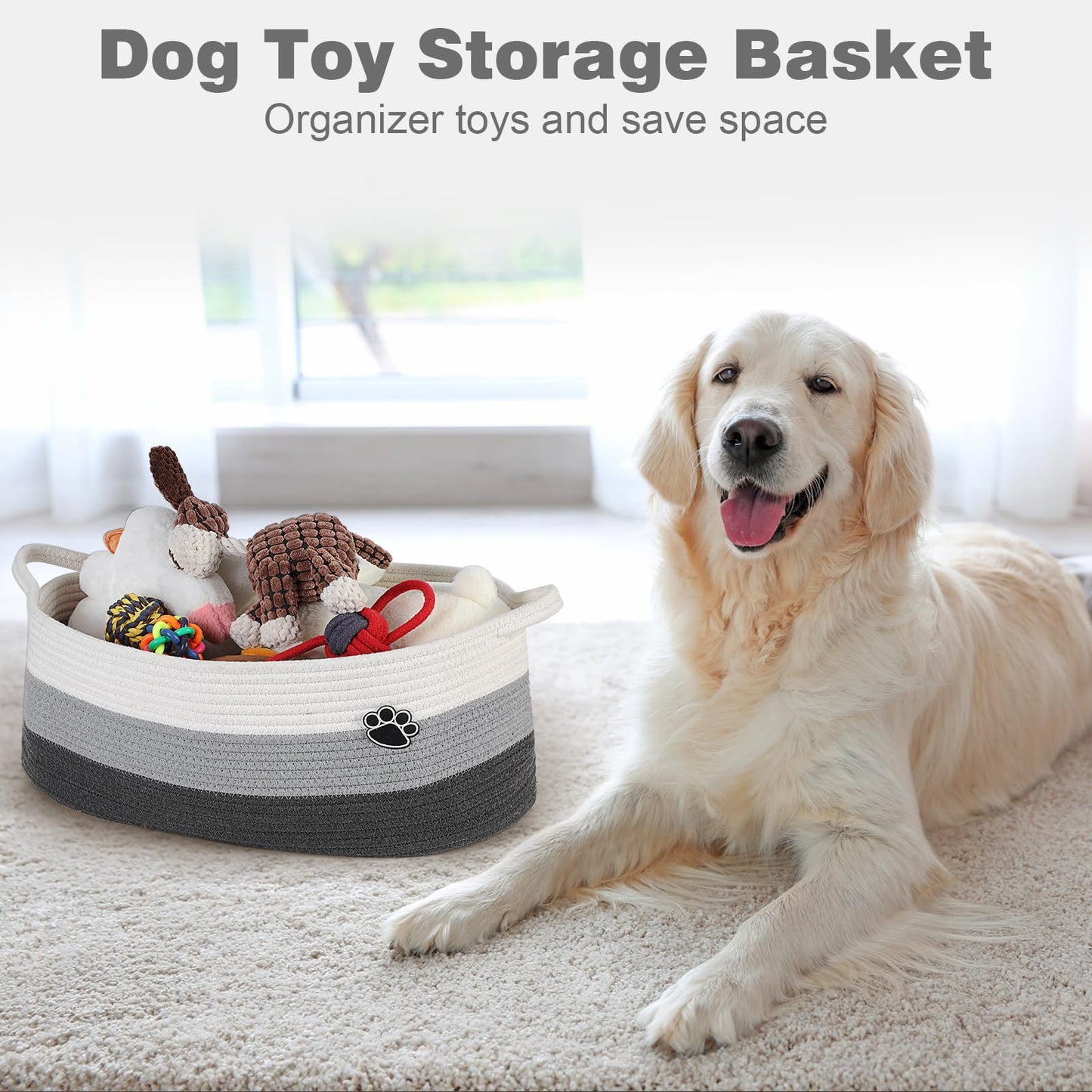 Optish Dog Toy Basket, Toy Box and Bin for Dog Cat Storage, 19.7" X 11" X 7.9" (30L) Large Woven Basket for Blanket Storage, Rope Baskets for Living Room, Bedroom, White & Grey