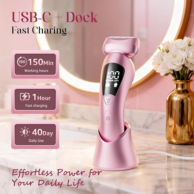 Cordless Electric Razors for Women: Rechargeable Painless Bikini Trimmer for Body Hair - IPX7 Waterproof Shaver with LED Display for Face/Underarm/Leg Light Pink Upgraded