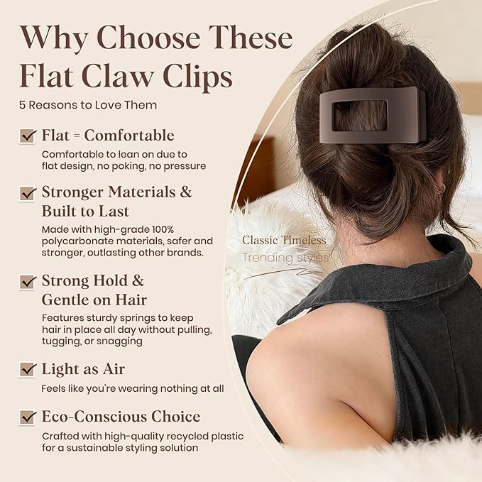 4 PCS Flat Hair Clips for Women Girls, French Rectangle Lay Down Claw Clips for Thick Thin Hair, Comfortable Curved Large Flat Clips, Matte Non-slip Strong Hold Square Hair Accessories, Brown