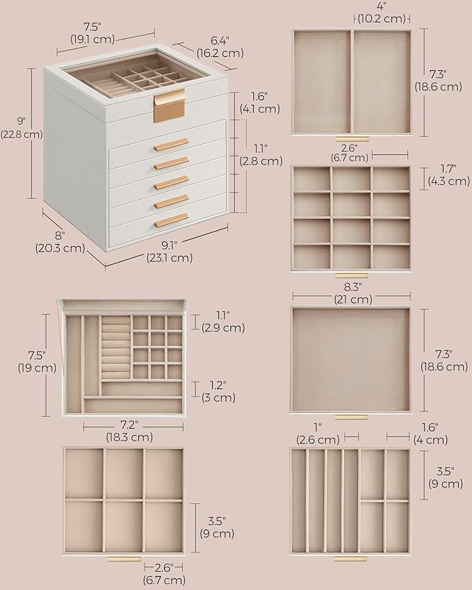 SONGMICS GISELLA Collection - Jewelry Box Organizer, 6-Layer Jewelry Storage with 5 Drawers, Shiny Metal Hardware, Glass Lid, Modern, 8 x 9.1 x 9 Inches, Cloud White and Gold Color UJBC176W01