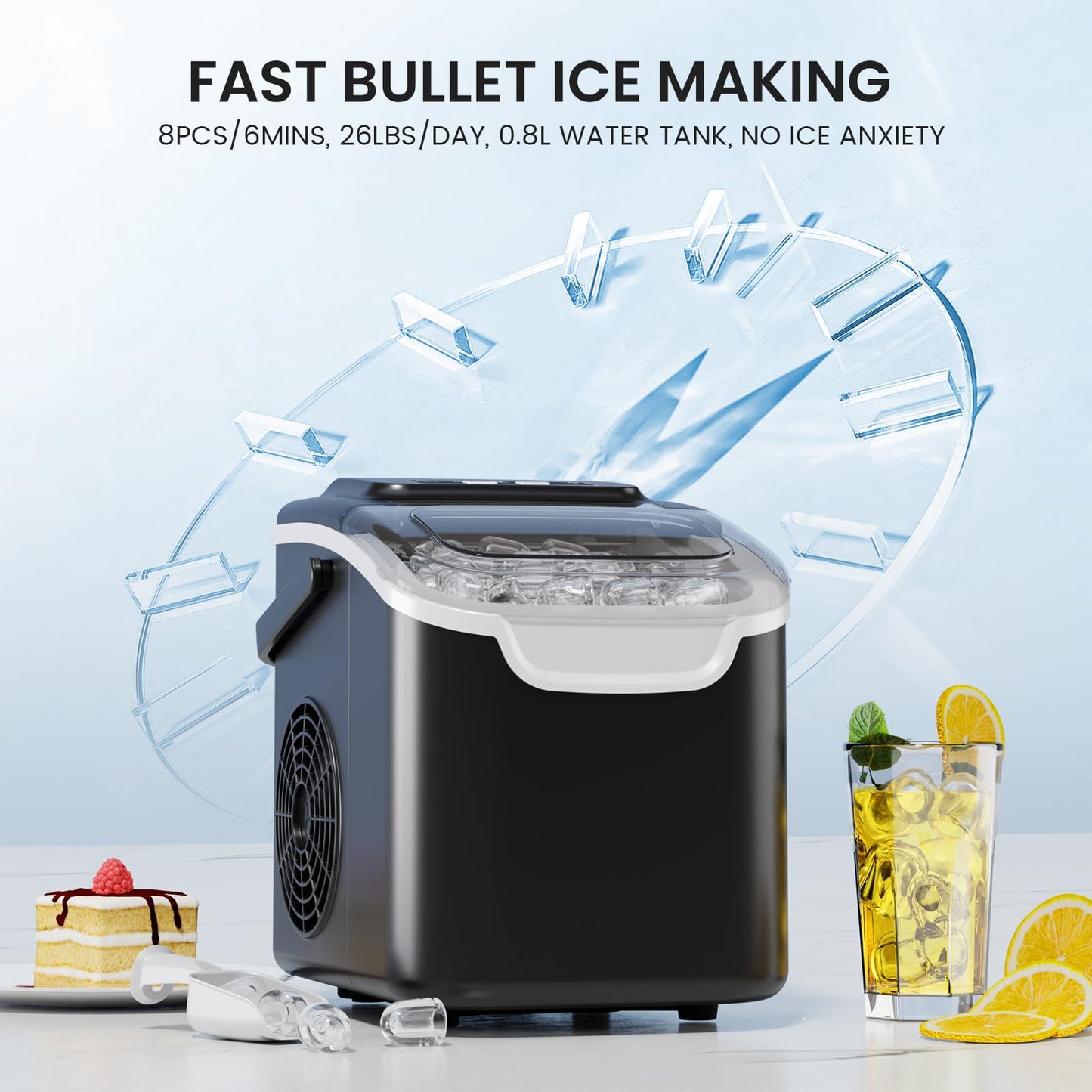 Kismile Countertop Ice Maker, 8 Cubes in 6 Mins, 26Lbs/Day Bullet Ice, Portable Ice Maker with 2 Sizes of Cubes, Self-Cleaning Ice Maker Machine with Basket & Scoop for Home/Kitchen/Office/Party