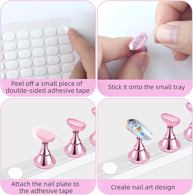 2 Set Nail Stand,Nail Holder Stand with 100 Pcs Double Sided Tape,Press on Nail Stand,Nail Practice Hand,Nail Holder for Painting Nails,for Nail Art Display,Home DIY Beginner Salon Supplies(Pink)