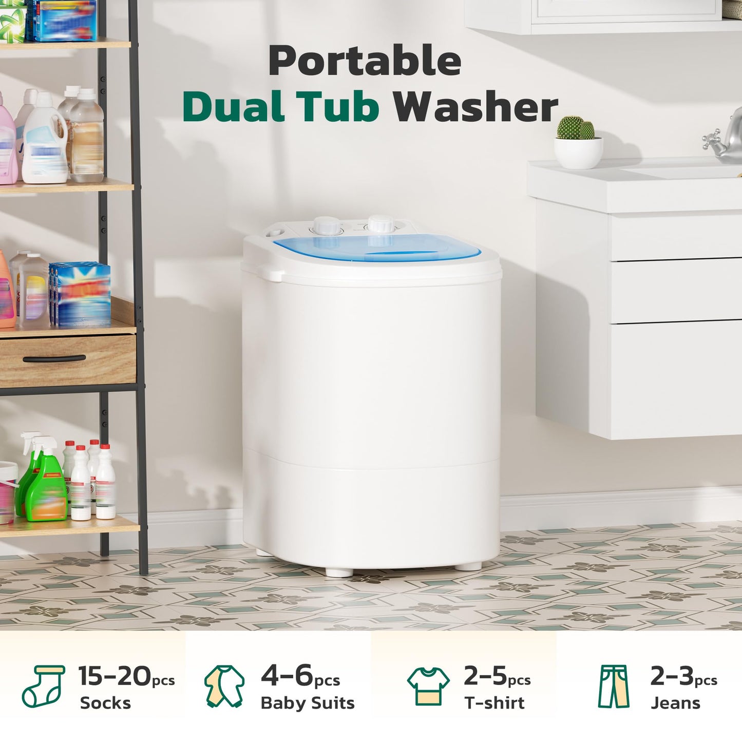 Greenvelly Portable Washing Machine, 6.6lbs Single Tub Small Laundry Washer with Spin Basket, Semi-automatic Washer Machine for Apartment, Dorms, RV, Home (Grey White)
