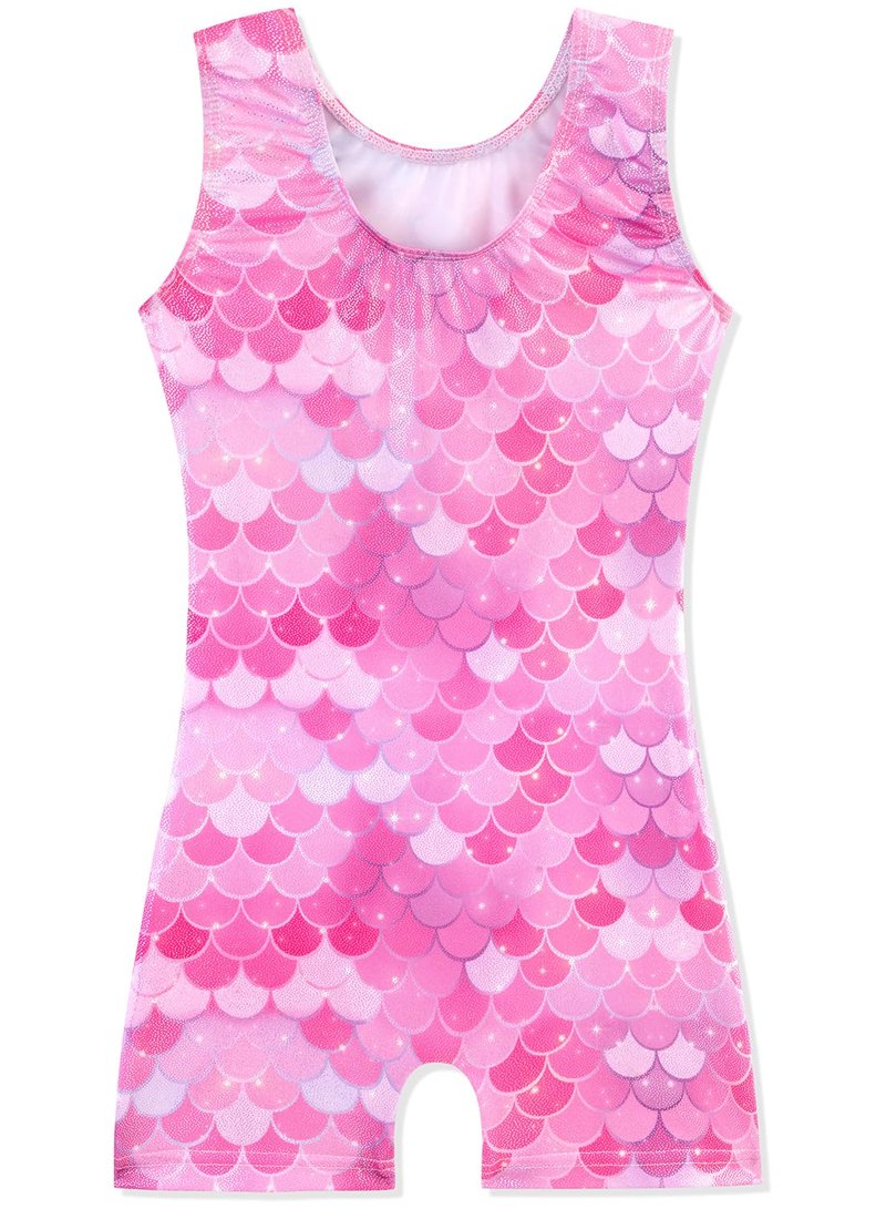 HOZIY Pink Girls Leotards for Gymnastics 7-8 Years Mermaid Kids Tumbling Outfit Biketard Dance Clothes with Shorts Sparkly Shiny Glitter Sparkle