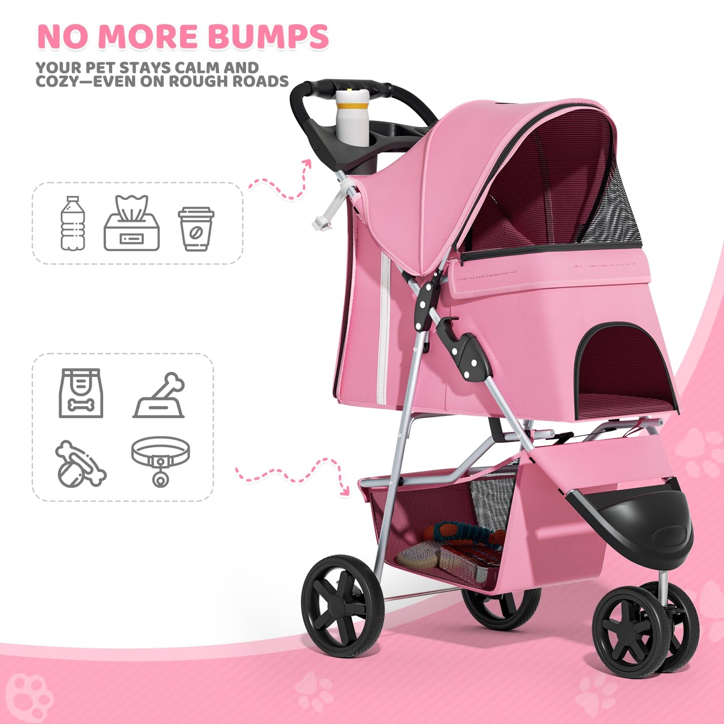 Magshion 3-Wheel Pet Stroller, Foldable Travel Jogger for Small & Medium Dogs & Cats (Up to 33lbs), Lightweight Carrier with Breathable Mesh Cover, Cup Holder & Storage Basket, Pink