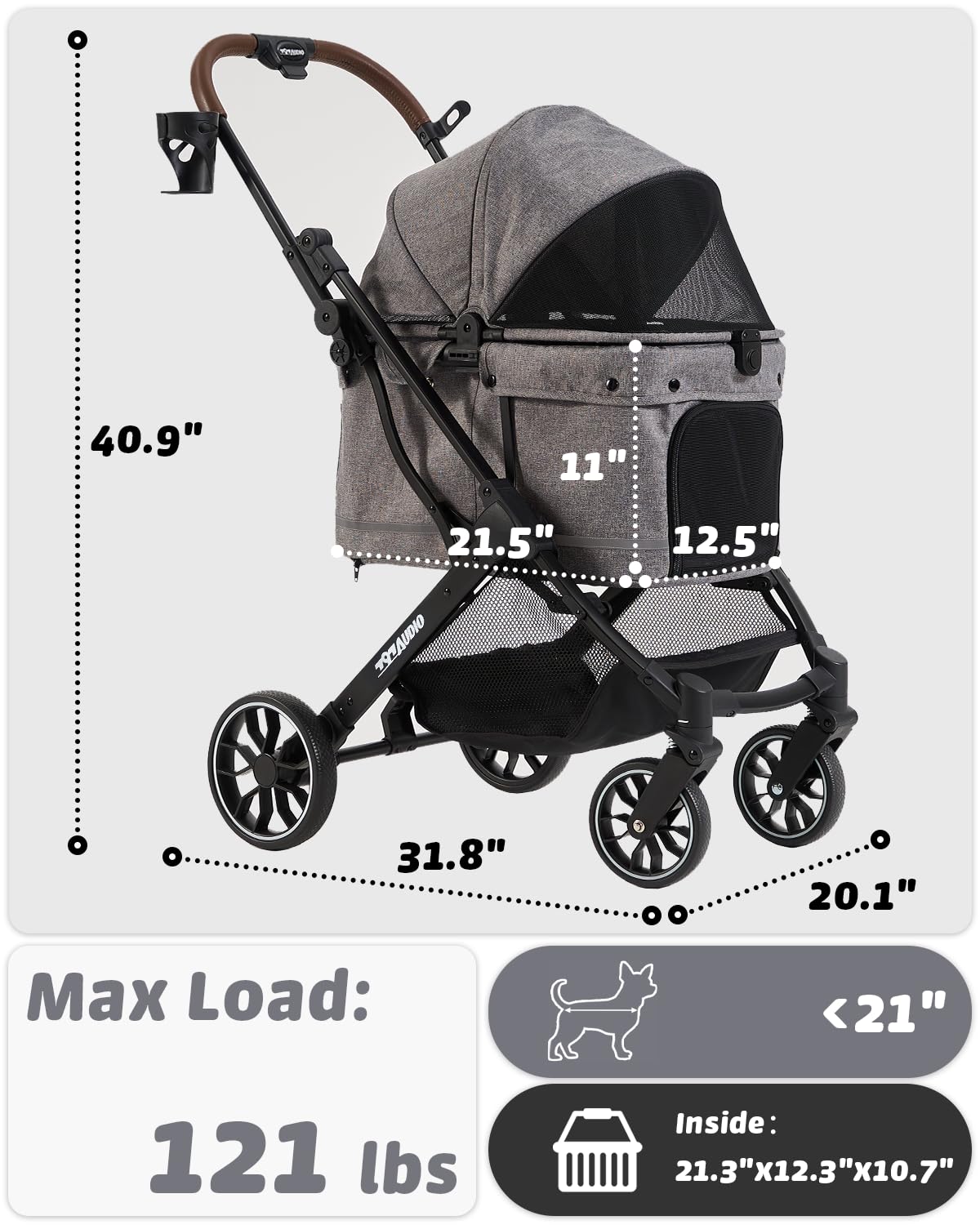 797Audio Dog Stroller for Small Medium Dogs, Pet Stroller for Cats Puppy Up to 121lbs,Foldable,One Click Folding,4 Wheel Shock Absorption,Adjustable Canopy with Sun Shades,Removable Washable Pad(Grey)