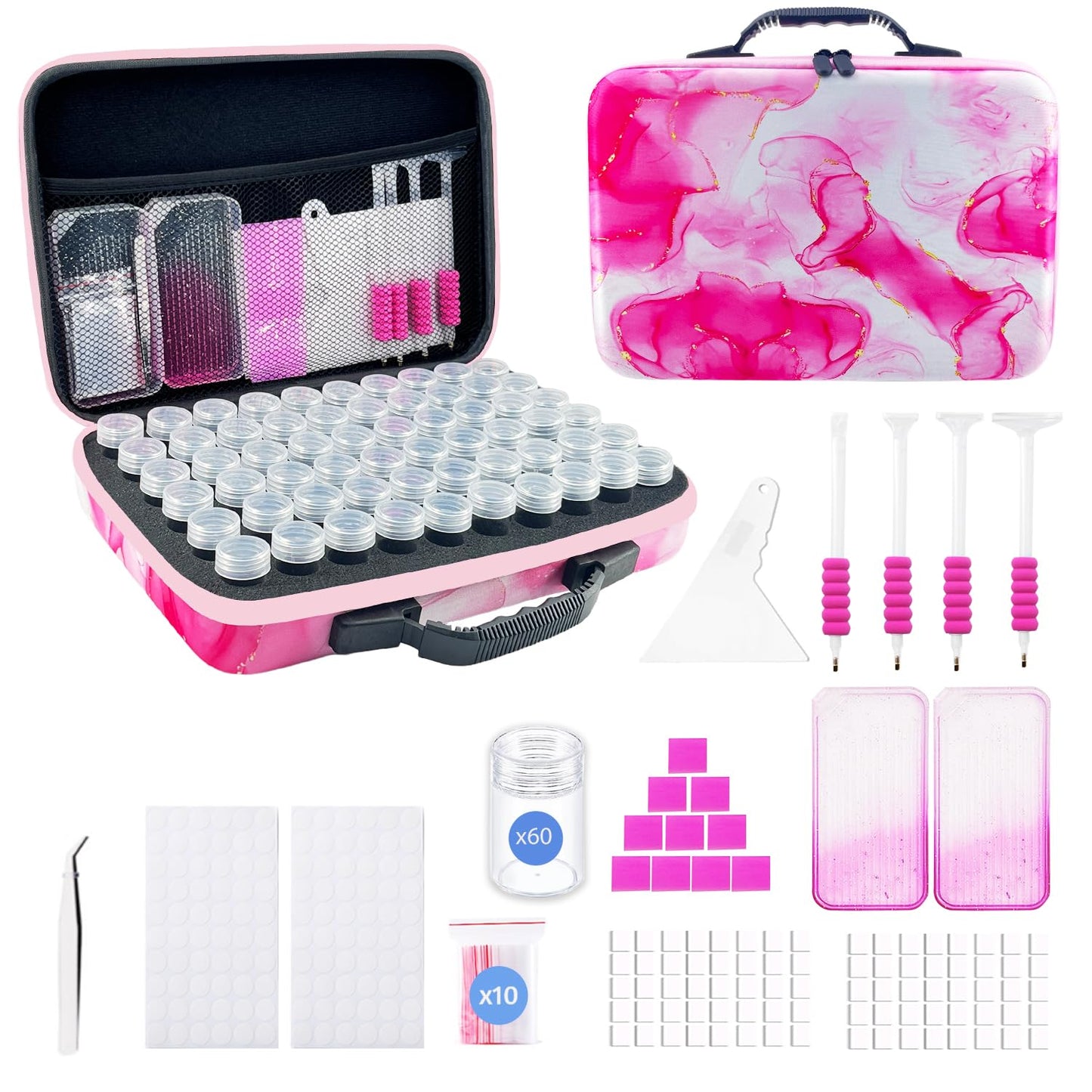 SuSentak Diamond Art Storage Containers with Dot Drill Tools,60 Slots Bead Organizer Case for 5D DIY Art Kits, Portable Craft Box for Diamond Painting Accessories (Pink)