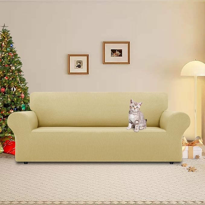 LURKA Stretch Sofa Slipcovers 1 Piece Couch Covers for 3 Cushion Couch Sofa Furniture Protector Full Sofa Covers with Elastic Bottom for Kids and Dog (Champagne, Large)