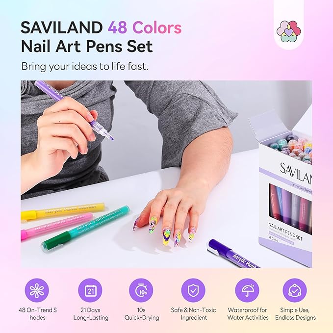 SAVILAND Nail Art Pens Set: 48 Colors Quick-Drying 3D Nail Polish Pens Acrylic Paint Markers for Nail Art Painting Drawing Liner Brush Dotting Tools Kit for Home DIY & Salon Manicure