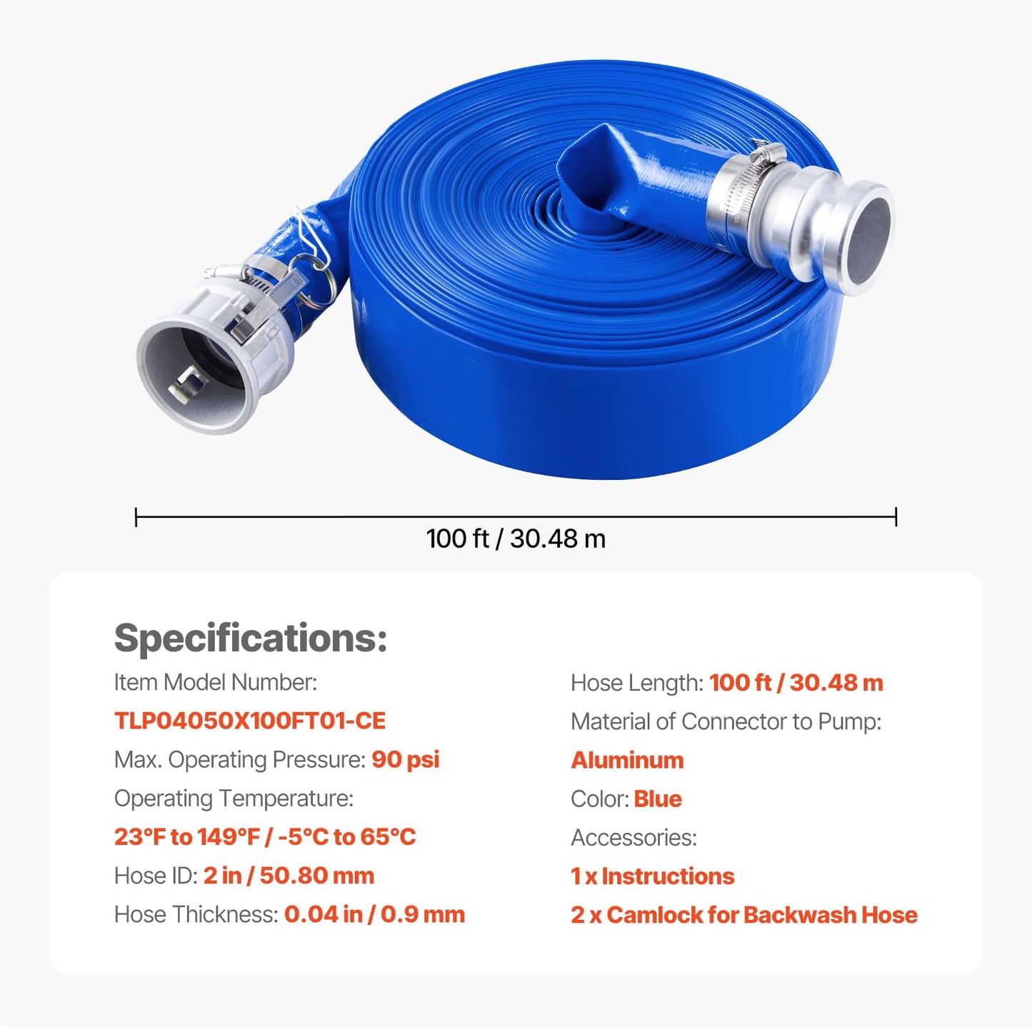 VEVOR Backwash Hose, 2 in x 100 ft, Blue PVC Hose, with Clamps, Camlock, Aluminum Fittings, Fit Various Pumps, for Sewage Treatment, Water Transportation and More Agricultural Purposes
