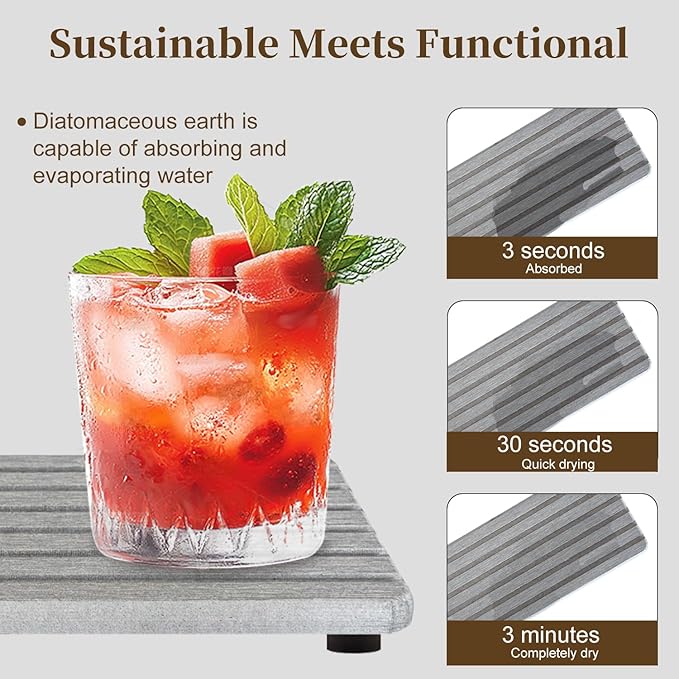 2PCS Fast-Dry Diatomite Sink Tray Set, Ultra Absorbent Soap Holder & Coaster with Non-Slip Feet & Grooved Design, Bathroom Kitchen Countertop Organizer, 8.3x4 Inches (Grey)