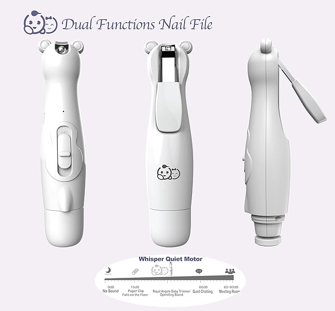 Royal Angels Rechargeable Dual Sided 20 in 1 Baby Nail Trimmer & Clipper, 15 Filing Pads, Whisper Quiet Electric File with LED Lights for Newborns & Toddlers, Safe Manicure Set for Families (Snow)