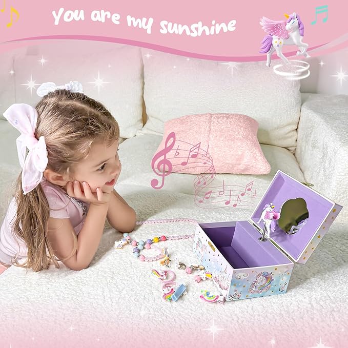 ProCase Unicorn Jewelry Box for Girls, Kids Musical Jewelry Boxes with Spinning Unicorn Doll, Birthday Christmas Gifts for Little Girls Children Toddler Ages 3 4 5 6 7 8 -Unicorn (Box with Jewelry)