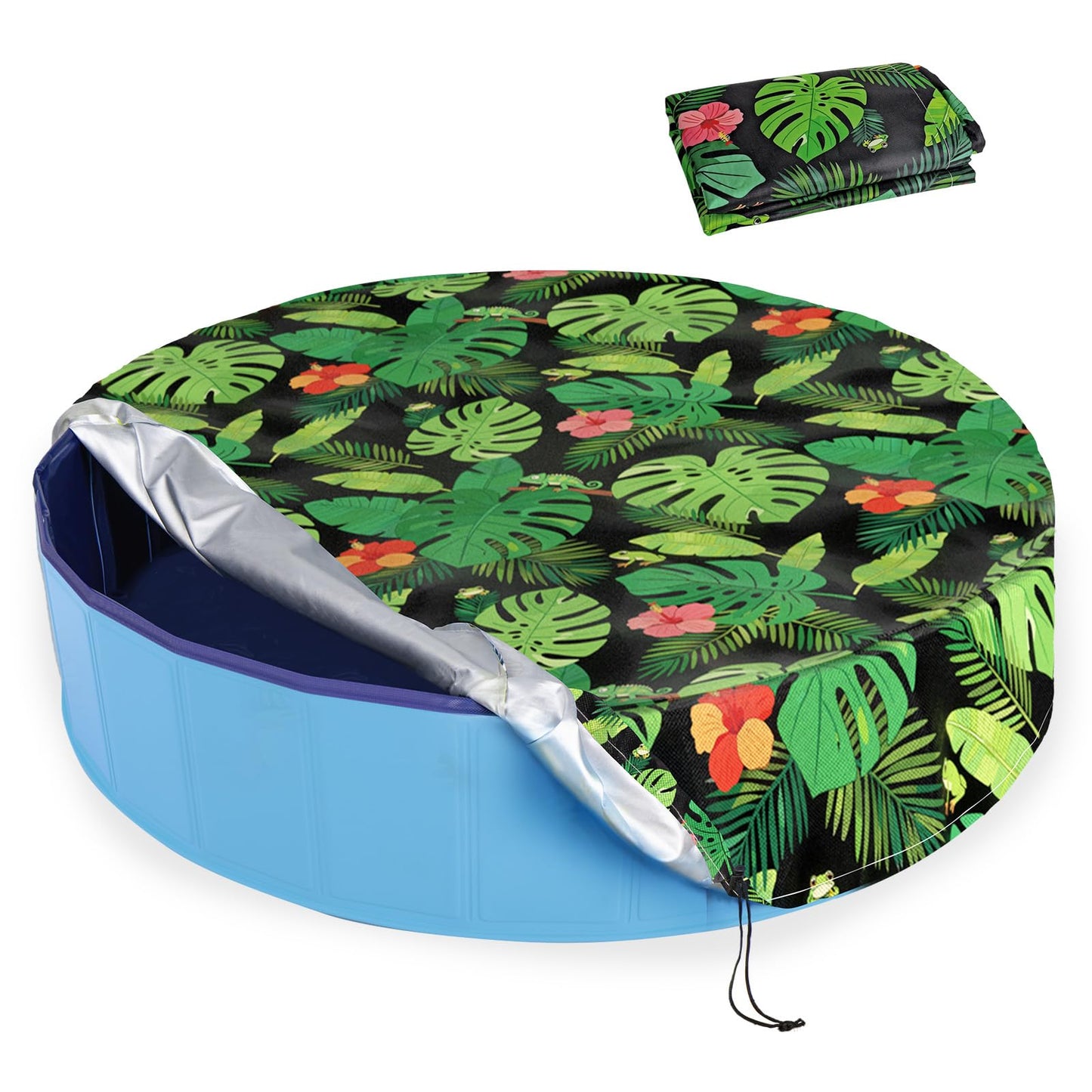 Docuwee Round Pool Cover 48", Foldable Kiddie Solar Cover Fit Dog Collapsible Swimming Pool, Pets Kids Bath Tub, Anti-UV Dustproof Safety Pool Covers, Monstera Deliciosa