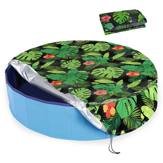 Docuwee Round Pool Cover 48", Foldable Kiddie Solar Cover Fit Dog Collapsible Swimming Pool, Pets Kids Bath Tub, Anti-UV Dustproof Safety Pool Covers, Monstera Deliciosa