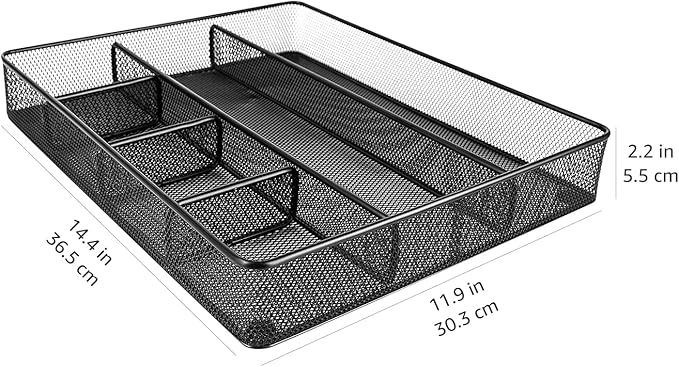 Amazon Basics Metal Mesh Desk Organizer with 6 Compartments, Anti-Slip Pen Holder Storage Tray for Office Supplies and Home, Black