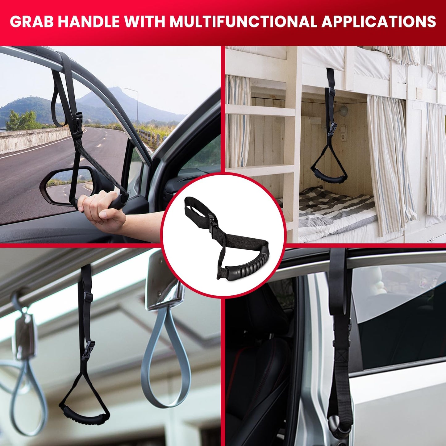 KOUNATSURI Car Handle Assist for Elderly Car Door Handle Multifunction Handle Car Door Latch Handle for Seniors and Handicapped(Red, Handle with Two Straps)