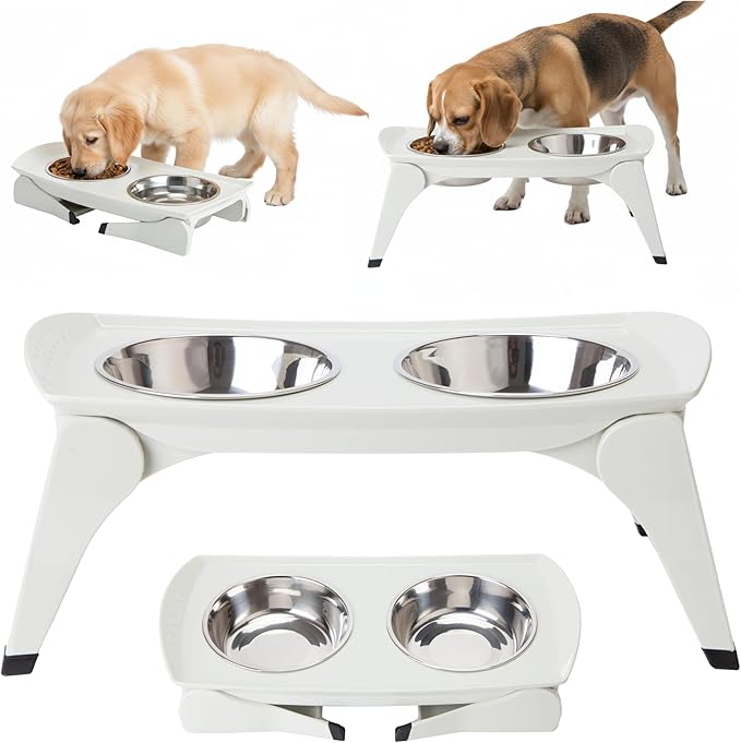 MalsiPree Elevated Dog Bowls for Small Dogs and Cats - 6.5" Raised Feeding Station with Spill-Proof Tray - Foldable Dog Bowl Stand with 2 Stainless Steel Bowls - Modern Scandinavian Pet Feeder, White