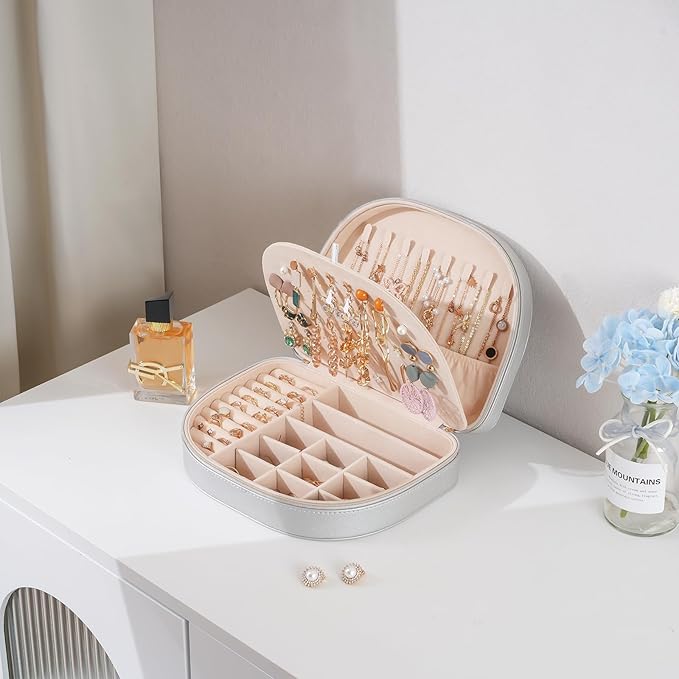 ProCase Travel Size Jewelry Box, Large Portable Seashell-Shaped Jewelry Case, 2 Layer Jewelry Organizer in PU Leather for Women -Silver