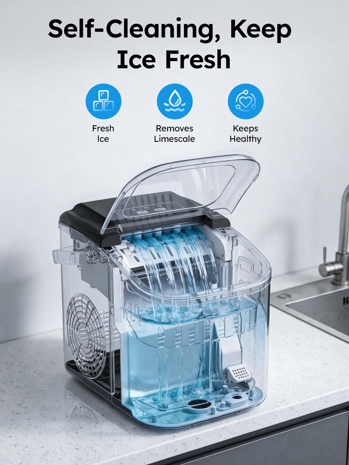 Ice Makers Countertop, 26lbs in 24Hrs, 8 Ice Cubes Ready in 6 Mins, Self-Cleaning Portable Ice Machine with Handle, Countertop Ice Maker with Basket and Scoop for Home/Kitchen/Camping/RV