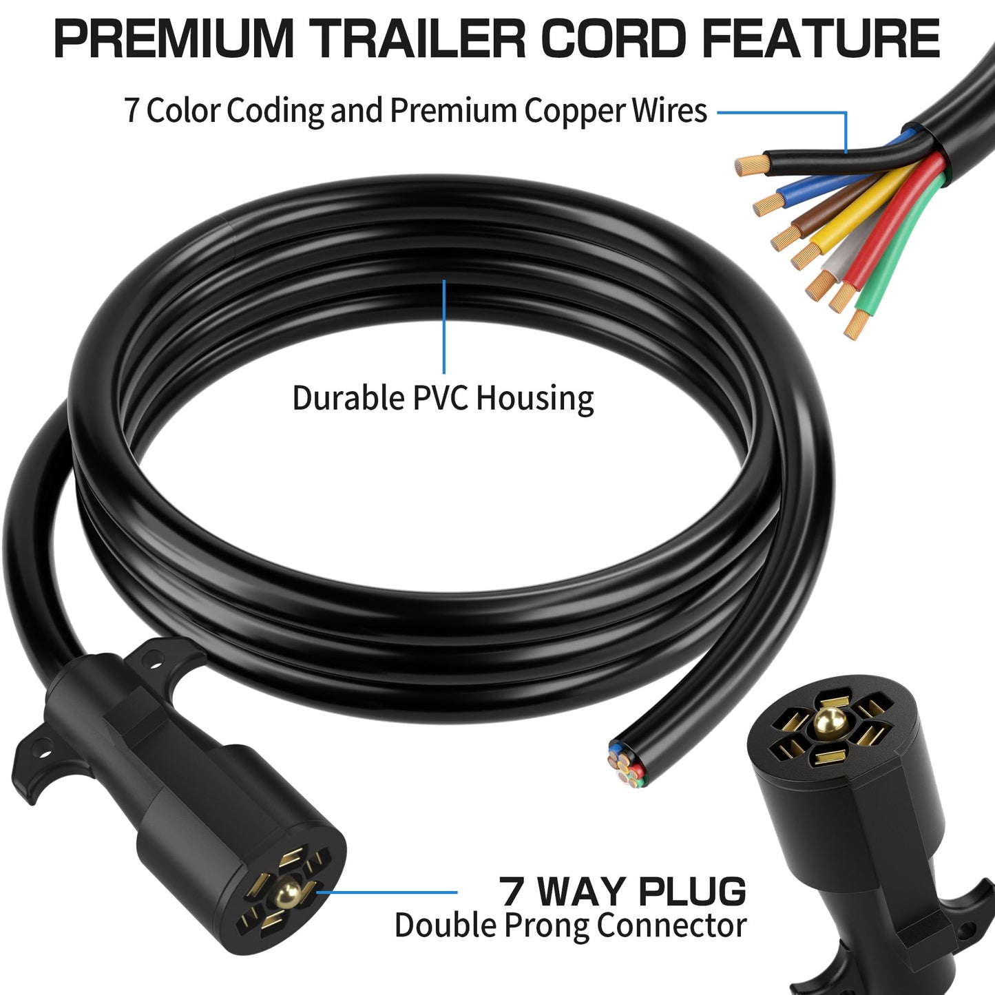 Deluwire 6 FT 7 Pin Trailer Plug, Heavy Duty Trailer Wiring Harness, 7 Way Trailer Cord with Double Prongs Connector for Trailers, RVs, Campers