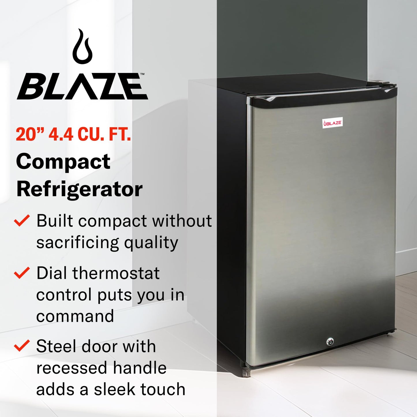 Blaze 20‑Inch Outdoor Rated Compact Refrigerator | 4.4 Cu Ft Stainless Steel Fridge with LED Lighting, Dial Thermostat, Reversible Door & Recessed Handle | BLZ‑SSRF‑126