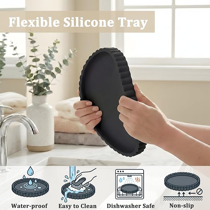 Silicone Bathroom Vanity Tray, Modern Round Decorative Tray for Countertop, Waterproof & Unbreakable Cosmetic Perfume Organizer, Extra-Thick & Sturdy, Easy to Clean Candle Tray (Black, 10 inch)