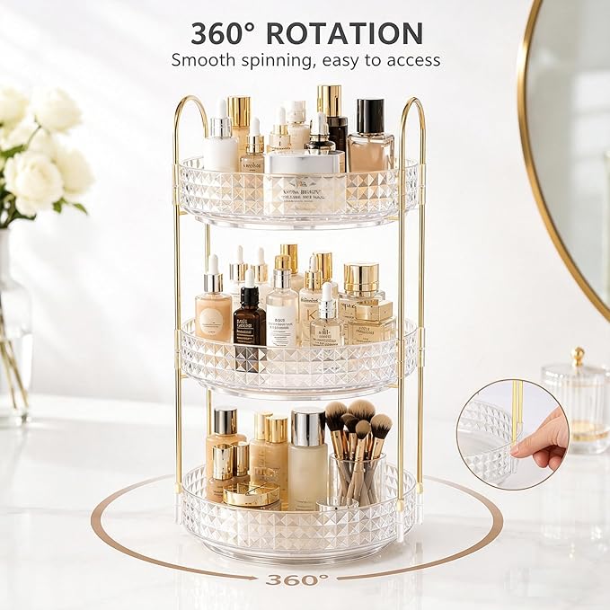 Fangoo 3 Tiers Clear Rotating Makeup Organizer for Vanity, 360 Spinning Skincare Organizers for Dresser Perfume Organizer Large Skincare Make up Storage Cosmetic Organizer for Bathroom Countertop