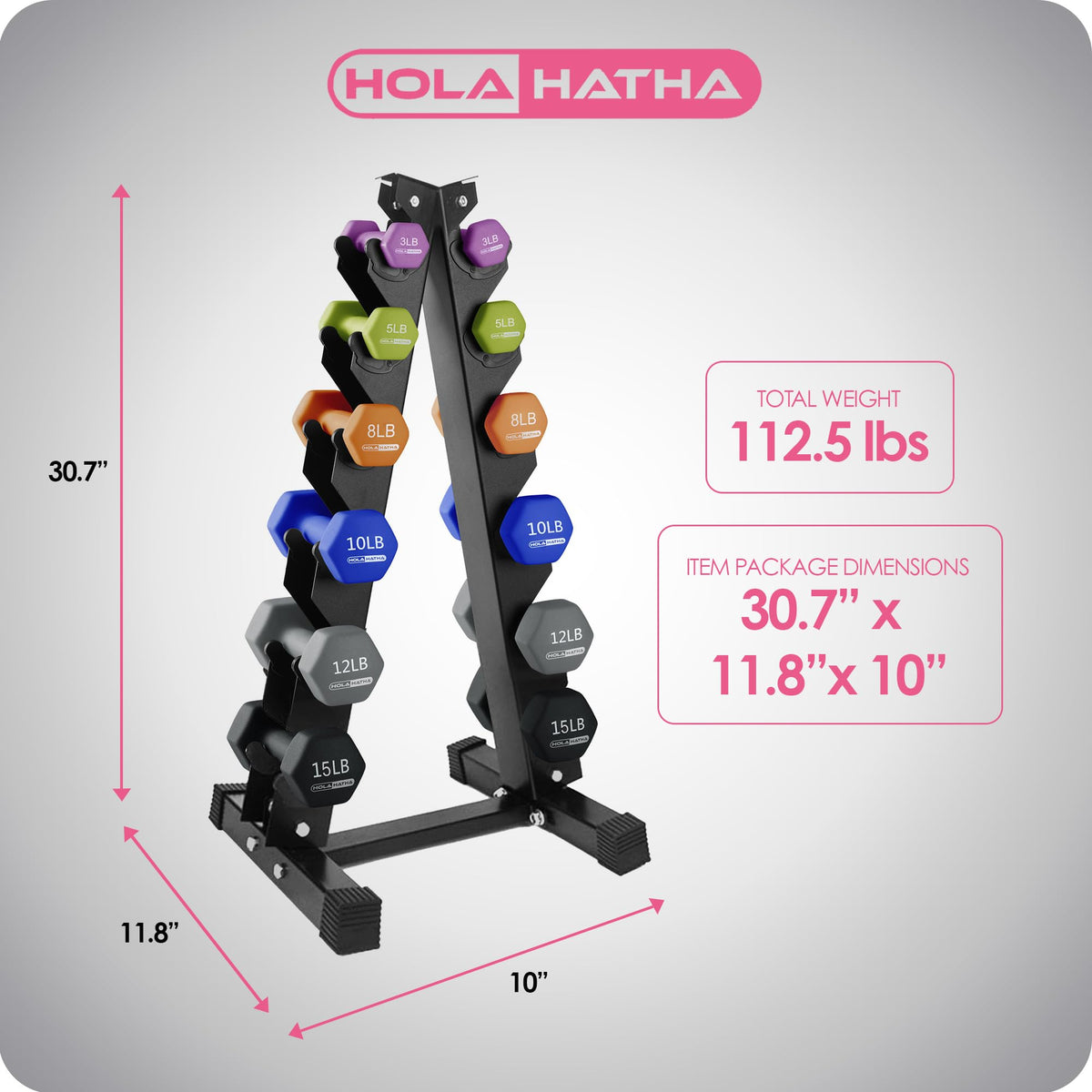 HolaHatha Neoprene Dumbbell Weights Set with Rack, Home Gym Equipment, 106 Lbs, Multicolor - Portable Weighted Exercise Dumbbells for Fitness, Training, and Lifting Workouts