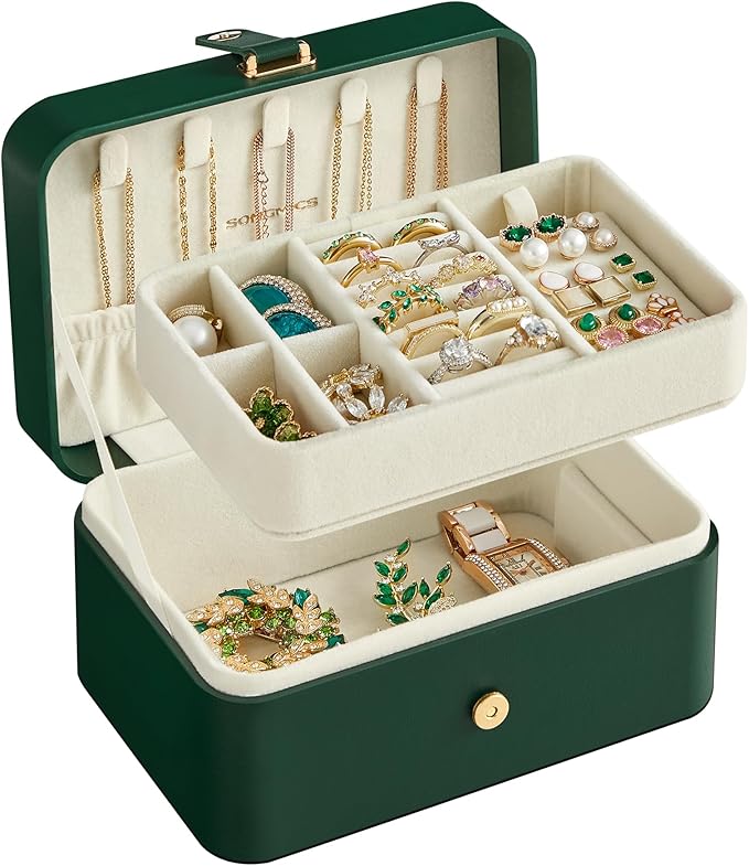SONGMICS Jewelry Organizer Box, Travel Jewelry Case, 2-Layer Travel Case for Earrings, Necklaces, Bracelets - Portable Jewelry Storage with Large Capacity, Gift Idea, Forest Green UJBC166C01