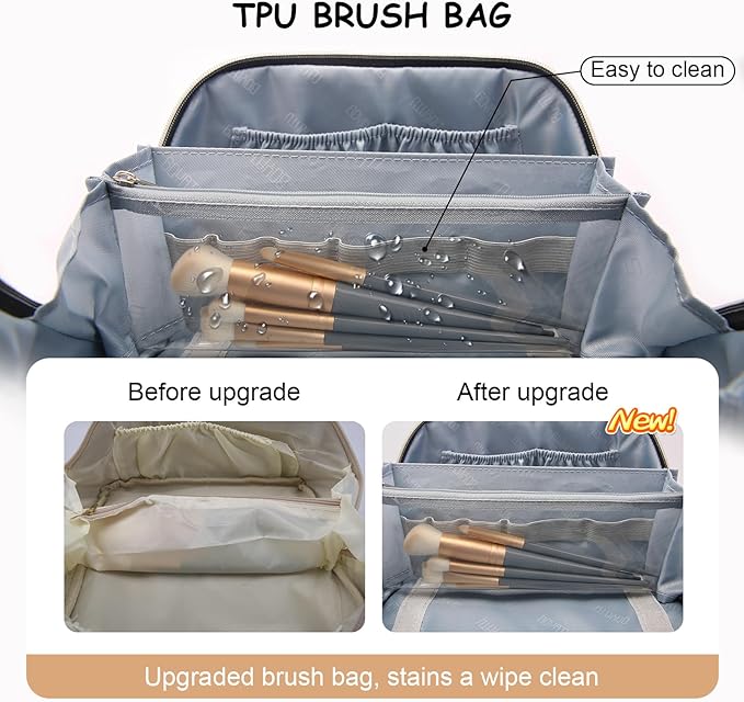 BOYATU Travel Makeup Bag Organizer Cosmetic Bag: 3 Pcs Set Make up Bags for Women with Handle - Waterproof Vegan Leather Toiletry Bag (01-G-Apricot)