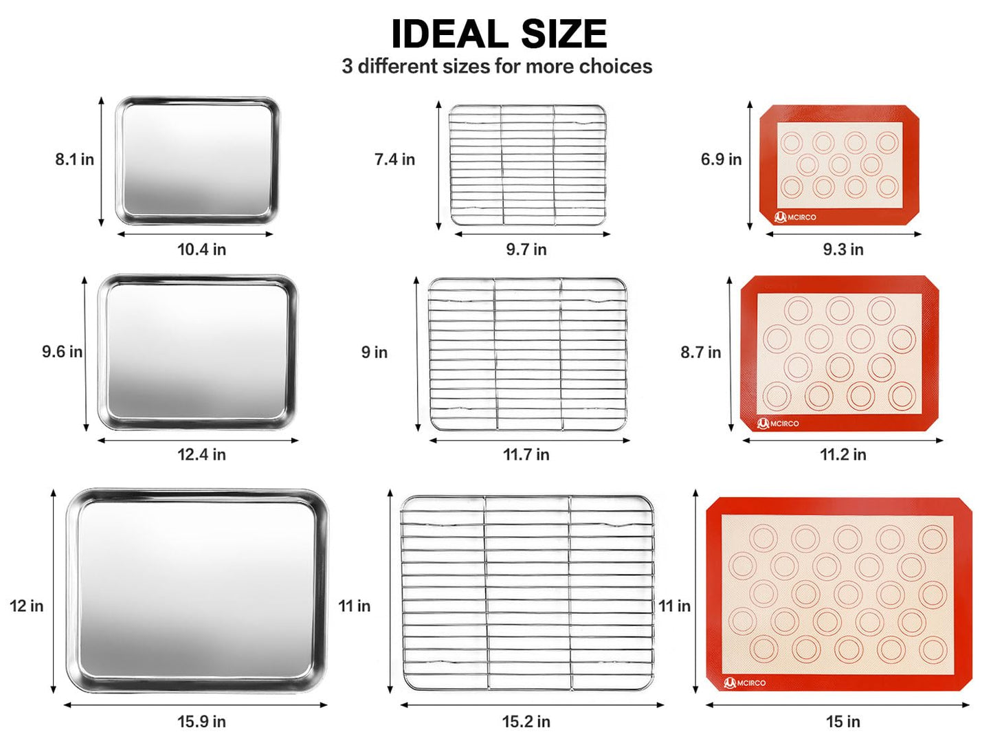 Stainless Steel Baking Sheet Tray Cooling Rack with Silicone Baking Mat Set, Cookie Pan with Cooling Rack, Set of 9 (3 Sheets + 3 Racks + 3 Mats), 10/12/16 Inch, Easy Clean
