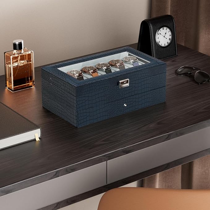 ProCase Watch Box, 12 Slot Mens Watch Case With Drawer, 2-Layer Watch Display Case With Glass Lid, Mens Jewelry Box Storage Holder Organizer, Birthday Valentine Gifts for Men -12Slot, CrocCobaltBlue