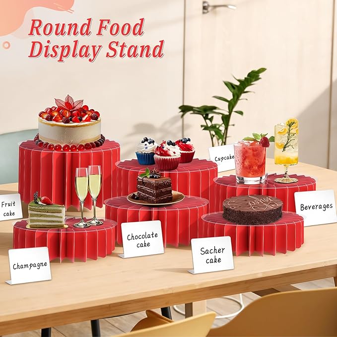 6Pcs Buffet Risers, Valentine's Day Food Risers for Table, Foldable Cake Display Stands, Tall Cardboard Cupcakes Stand for Show Catering Desserts Jewelry Wedding Birthday Party Decoration (Red)