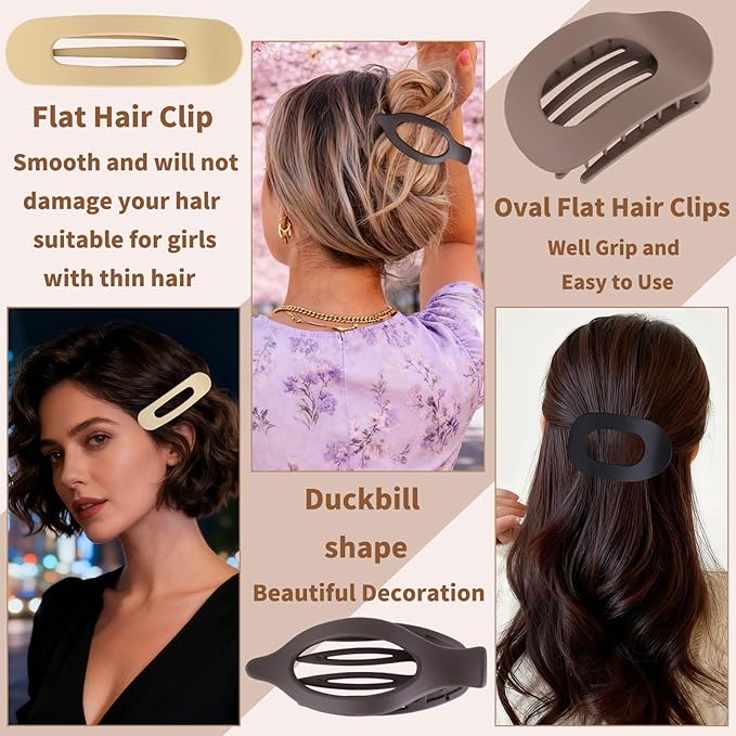 12 Pack Flat Hair Clips for Women-3 Styles Matte Neutral Flat Claw Clips, Black, Blonde,Light Brown & Dark Brown, French Duckbill Styling Accessories (Matte Neutral-4)