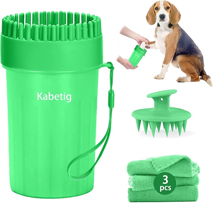 Dog Paw Cleaner Kit for Medium & Small Dogs - Quick Clean No Full Bath, 2-in-1 Paw Wash Cup with Detachable Silicone Brush Head, Includes Bath Brush & 3 Absorbent Towels, Green