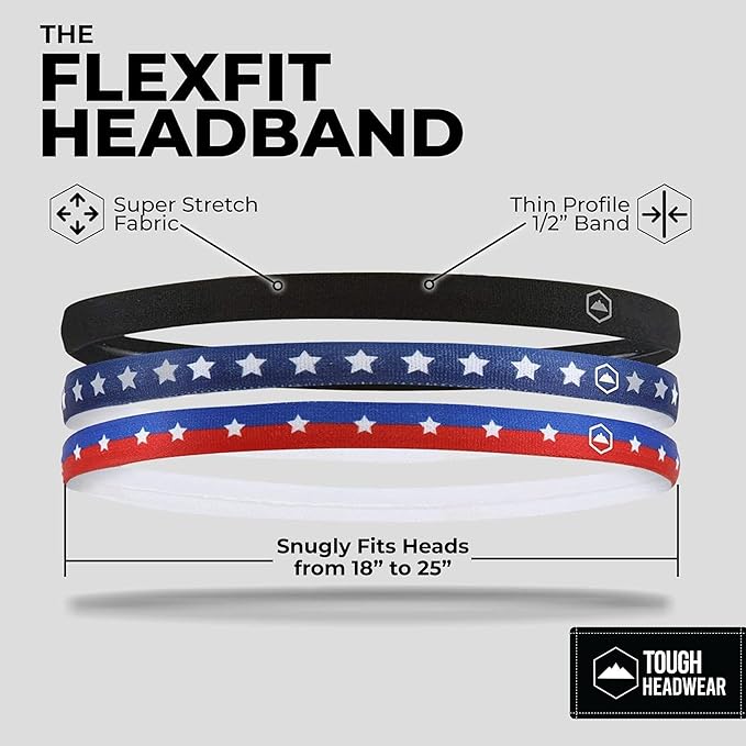 Tough Headwear Thin Elastic Headbands - Sports Headbands for Women & Men - Mens Workout Headband - Running or Soccer Headband