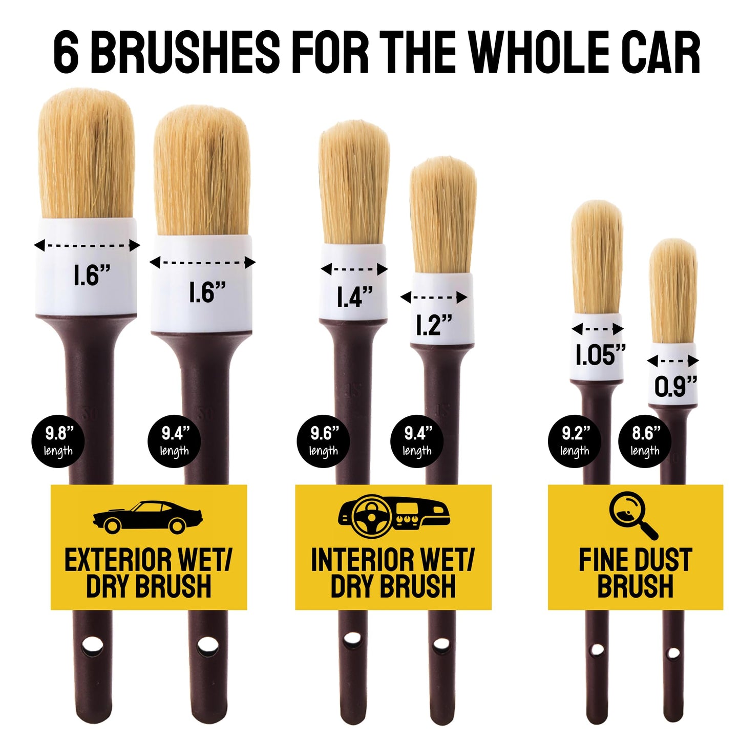 Detail Dudes Soft Boar Hair Car Detailing Brush Set - 6-Pack - Scratch-Free Soft Bristle Cleaning Brushes - Reaches Tight Spots & Interior Car Cleaning Kit - Ergonomic & Durable Detailing Supplies